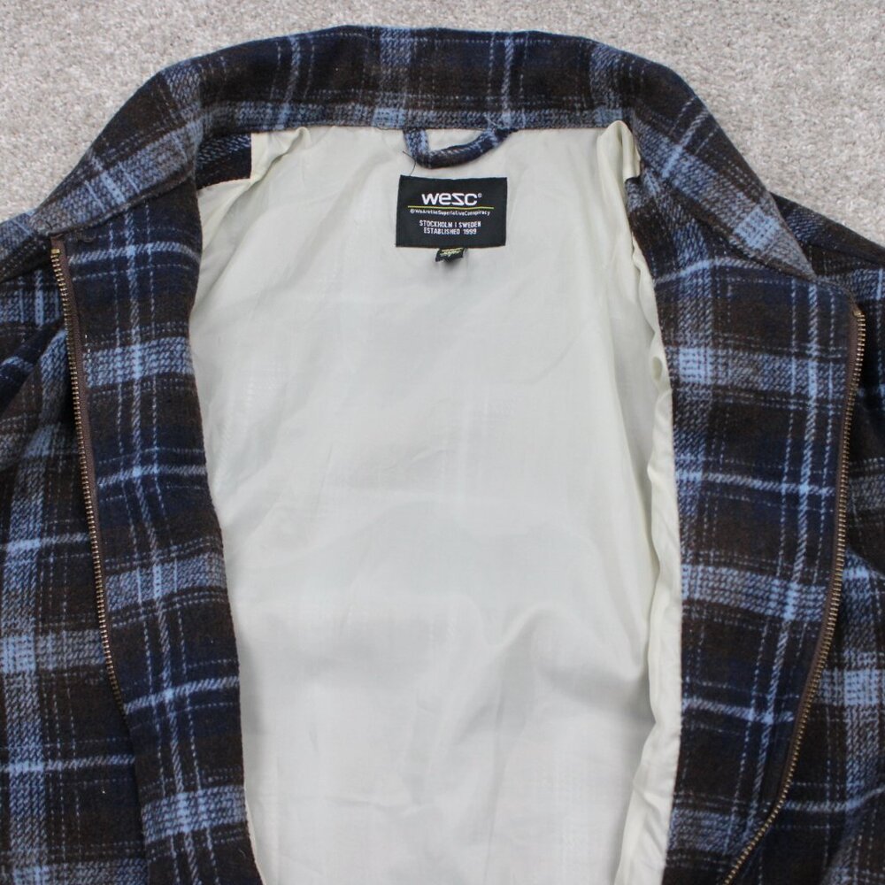 WeSC Flannel Shirt Jacket Mens 2XL Womens 3XL Blue/Brown Plaid Lined L/S Button - Picture 10 of 13